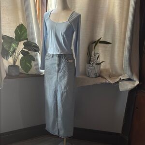 Light Blue Long Sleeve Top and Denim Skirt Set